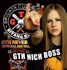 a woman giving the middle finger in front of a sign that says gth never official brutal
