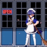 a pixel art of a maid holding a broom in front of a sign that says open