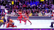 a group of women are wrestling in a wrestling ring with a crowd watching .