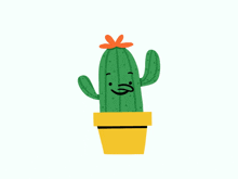 a green cactus in a yellow pot with an angry expression on its face