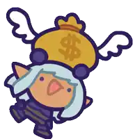 a cartoon character with wings and a bag of money on top of his head