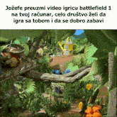 a cartoon scene with a watering can and a house in the background