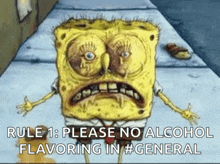 a cartoon of spongebob saying please no alcohol flavoring in # general .