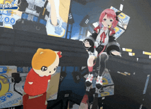 a girl with red hair is standing next to a stuffed animal with a sign that says 800 on it