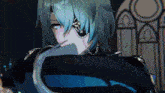 a close up of a person with blue hair