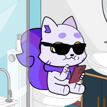 a cartoon cat is sitting on a toilet looking at a cell phone