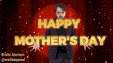 a man stands in front of a red curtain with the words happy mother 's day on it