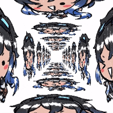 a drawing of a girl with blue hair is surrounded by other drawings of the same girl