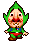 a pixel art drawing of a green gnome with a red nose and beard .