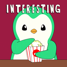 a penguin is holding a bucket of popcorn and the word interesting is above him
