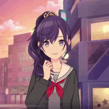 a girl in a school uniform with purple hair and blue eyes