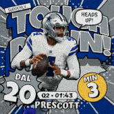 a cowboys football player is holding a football and says " suddenly "