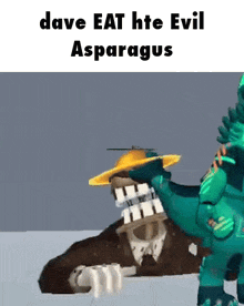 a cartoon character is holding a gun and says `` dave eat hte evil asparagus ''