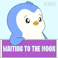 a cartoon penguin is holding a sign that says ' iting to the moon '