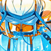 a cartoon drawing of a woman 's torso with a blue ribbon around her waist