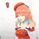 a girl with a chef 's hat on her head has the number 1 on her head