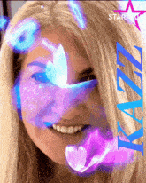 a woman 's face is surrounded by blue and purple lights and the word kaz is on the bottom right
