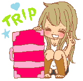 a pixel art drawing of a girl sitting next to a pink suitcase with the word trip written above her
