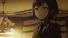 a girl in a suit and tie stands in a room