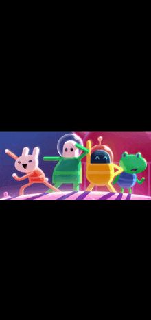 a bunch of cartoon characters are dancing together