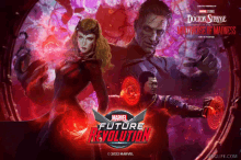 a poster for marvel future revolution showing doctor strange scarlet witch and a man