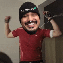 a man wearing a beanie that says multivers flexes his muscles
