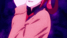 a girl with red hair and a pink sweater