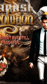 a man in a suit and tie stands in front of a poster that says " arasi evolution "