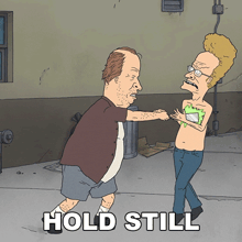 a cartoon of a man holding another man 's hand with the words hold still below them