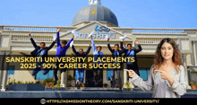 a group of people are jumping in front of a building that says sanskriti university placements 2025-90 % career success