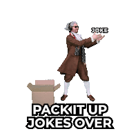 a man in a brown suit is dancing with the words pack it up jokes over behind him