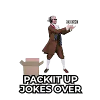 a man in a brown suit is dancing with the words pack it up jokes over behind him