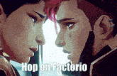 a couple of cartoon characters looking at each other with the words hop on factorio below them