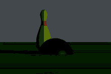 a yellow bowling pin with a red stripe is standing next to a black bowling ball on a green field