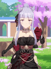 a girl with white hair and a black dress is standing in front of a cherry blossom tree