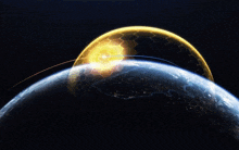a computer generated image of the earth with a yellow sphere in the background