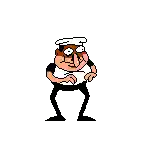 a pixel art of a man wearing a chef 's hat and a white shirt .
