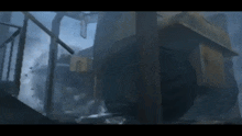 a staircase with smoke coming out of it and a large object in the background