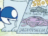 a cartoon character is standing next to a sign that says queen rasheeba