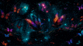 three butterflies are flying in a dark forest with a star in the background