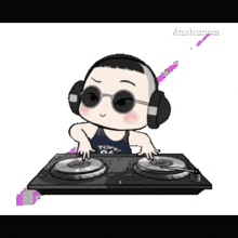 a cartoon of a man wearing headphones and sunglasses playing music on a turntable .