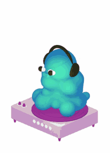 a blue cartoon character wearing headphones is sitting on a pink turntable