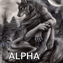 a painting of a werewolf with the word alpha on the bottom right