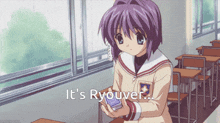 a girl with purple hair is holding a card that says " it 's ryouver "