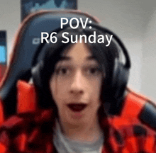 a person wearing headphones with the words pov r6 sunday on top of them