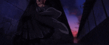 a man in a black cape is standing next to a wall with a sunset in the background