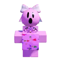 a pink cartoon character with a surprised look on her face is holding a purple present