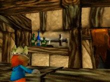 a cartoon character wearing a crown stands in front of a shelf with bottles and a sword
