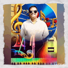 a man wearing sunglasses is standing in front of a collage of musical instruments including a guitar