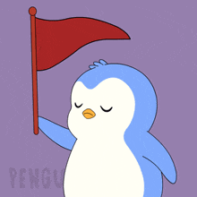 a penguin is holding a red flag with the word pengu on the bottom right